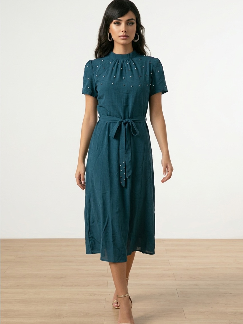 SHEIN Teal Puff-Sleeve Midi Dress with Tie Back